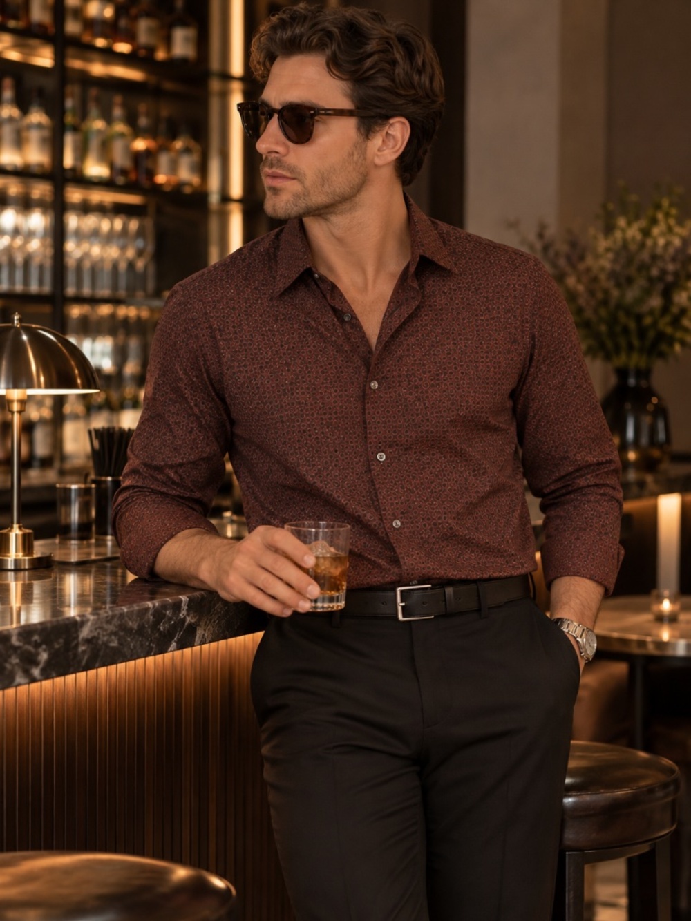 Express Men’s Brown Patterned Button-Down Shirt Size M Slim 1MX